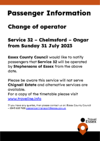 Change of operator Service 32 – Chelmsford- Ongar